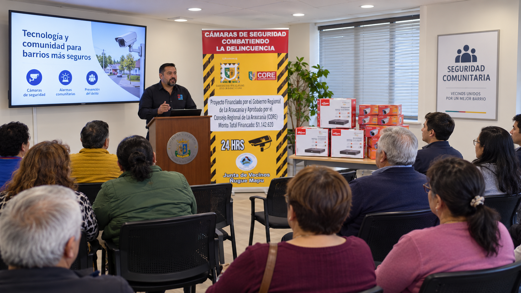 Presentación de seguridad ante vecinos en una oficina