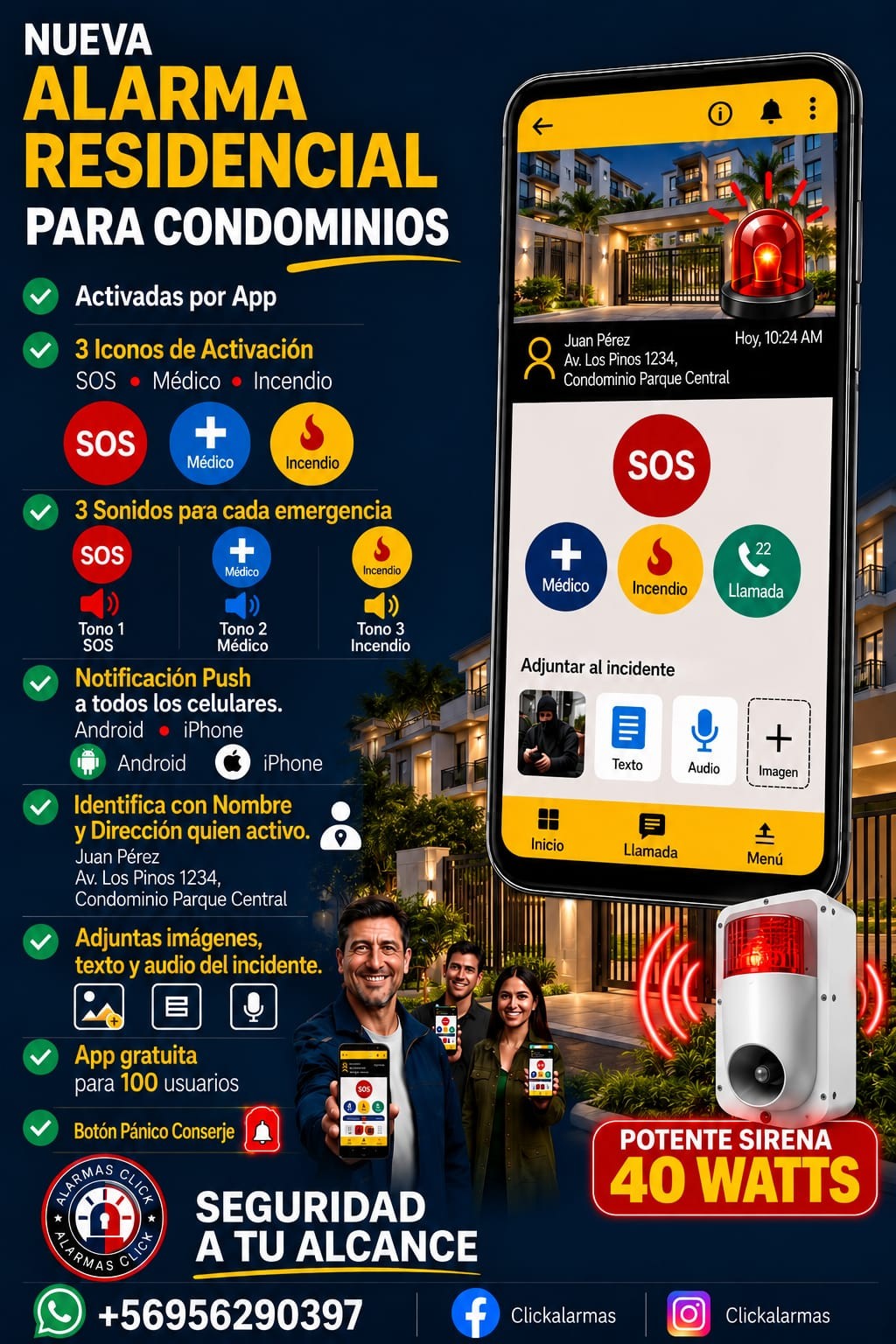 Afiche original de alarma residencial para condominios, con prestaciones y equipo